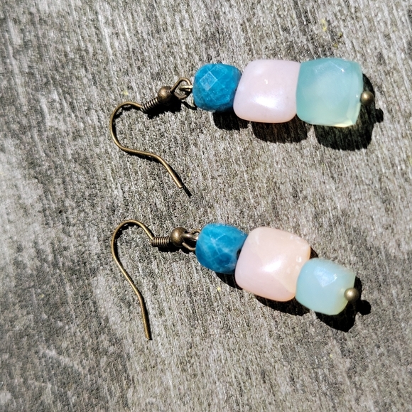 Apatite, Rose Quartz, Aqua Chalcedony Bronze Tone Dangle Earrings - Picture 6 of 7